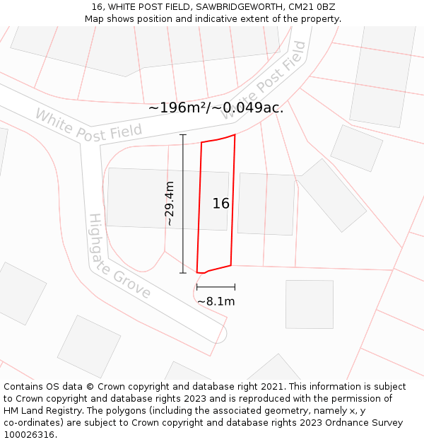 16, WHITE POST FIELD, SAWBRIDGEWORTH, CM21 0BZ: Plot and title map