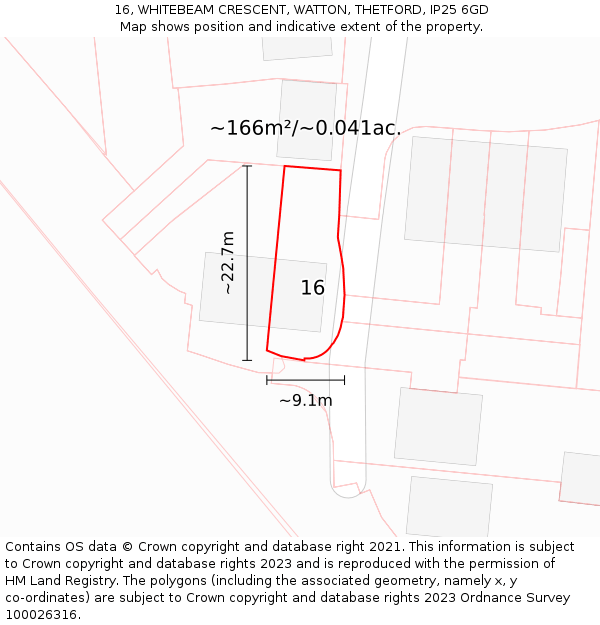 16, WHITEBEAM CRESCENT, WATTON, THETFORD, IP25 6GD: Plot and title map