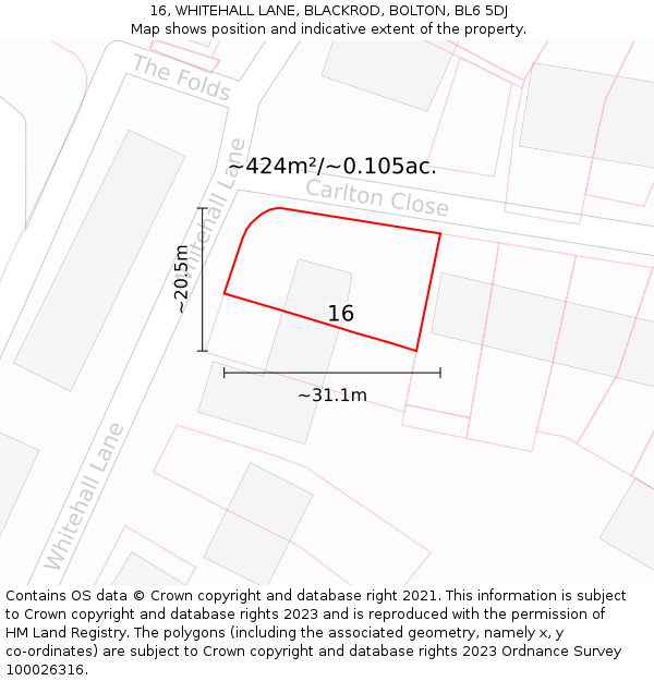 16, WHITEHALL LANE, BLACKROD, BOLTON, BL6 5DJ: Plot and title map