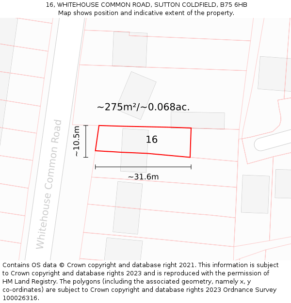 16, WHITEHOUSE COMMON ROAD, SUTTON COLDFIELD, B75 6HB: Plot and title map