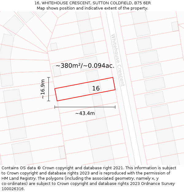 16, WHITEHOUSE CRESCENT, SUTTON COLDFIELD, B75 6ER: Plot and title map