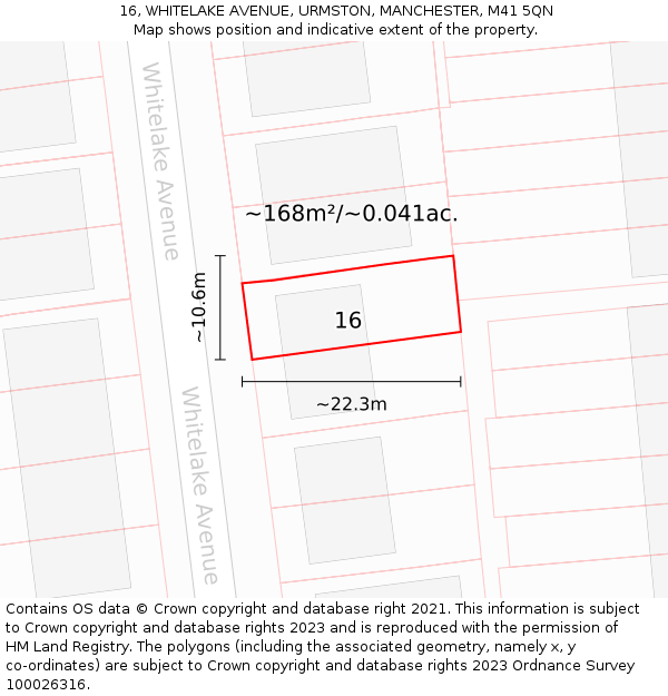 16, WHITELAKE AVENUE, URMSTON, MANCHESTER, M41 5QN: Plot and title map