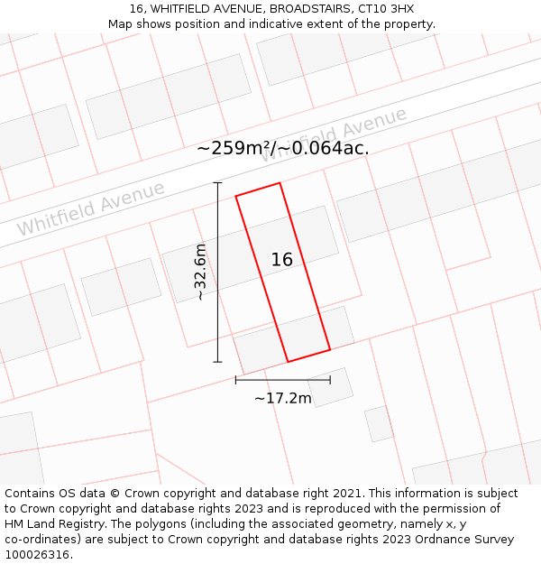 16, WHITFIELD AVENUE, BROADSTAIRS, CT10 3HX: Plot and title map