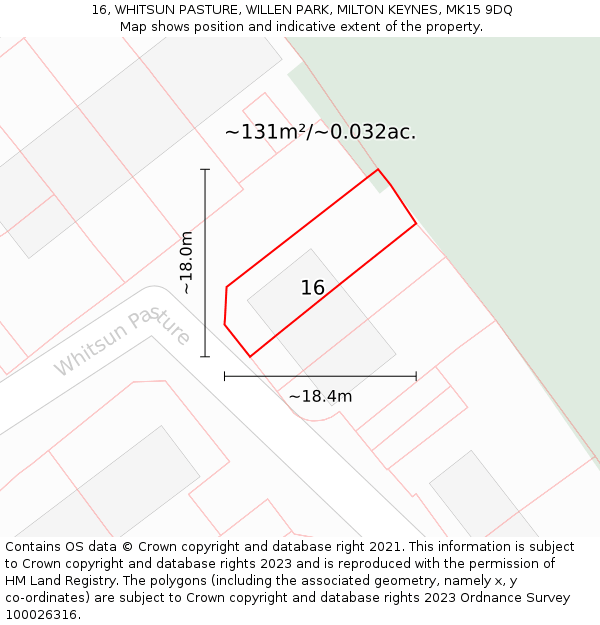 16, WHITSUN PASTURE, WILLEN PARK, MILTON KEYNES, MK15 9DQ: Plot and title map