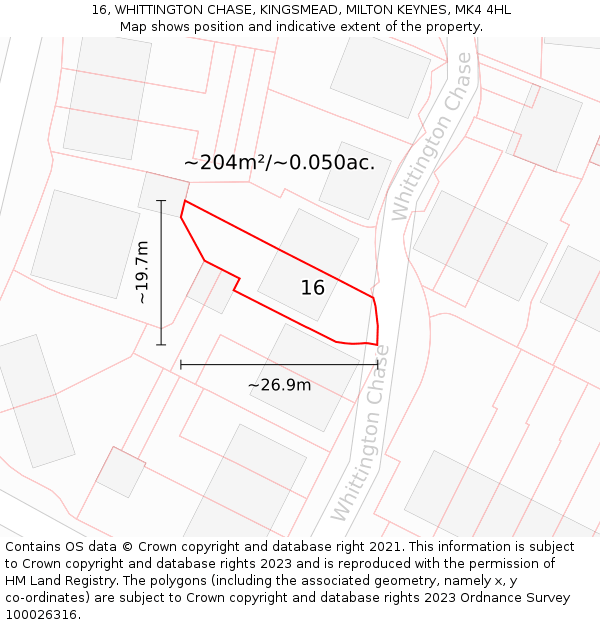 16, WHITTINGTON CHASE, KINGSMEAD, MILTON KEYNES, MK4 4HL: Plot and title map