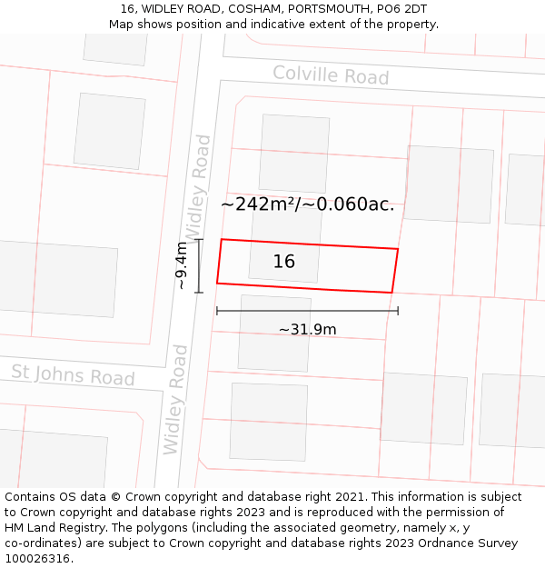 16, WIDLEY ROAD, COSHAM, PORTSMOUTH, PO6 2DT: Plot and title map