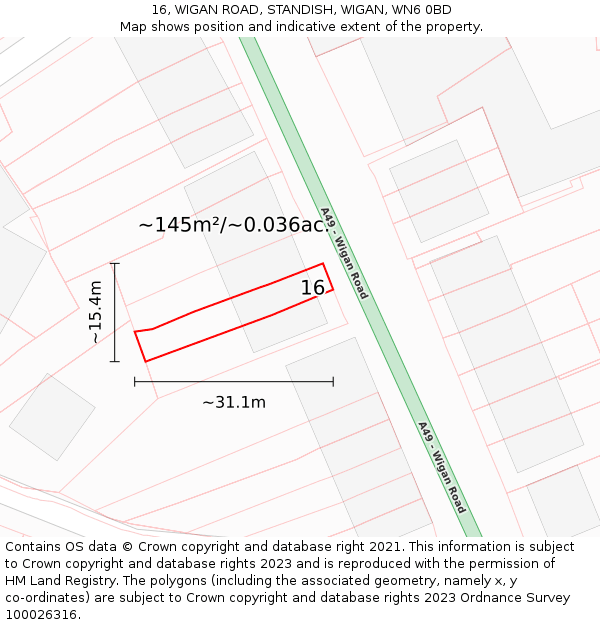 16, WIGAN ROAD, STANDISH, WIGAN, WN6 0BD: Plot and title map