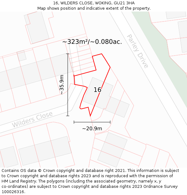 16, WILDERS CLOSE, WOKING, GU21 3HA: Plot and title map