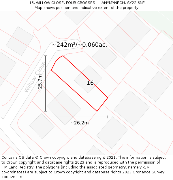 16, WILLOW CLOSE, FOUR CROSSES, LLANYMYNECH, SY22 6NF: Plot and title map