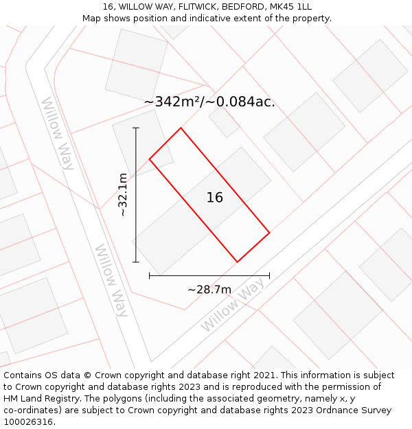 16, WILLOW WAY, FLITWICK, BEDFORD, MK45 1LL: Plot and title map