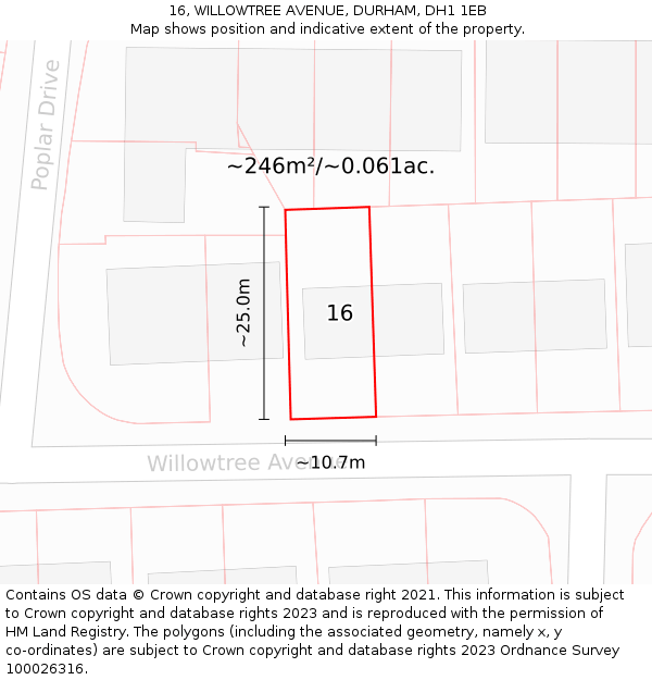 16, WILLOWTREE AVENUE, DURHAM, DH1 1EB: Plot and title map