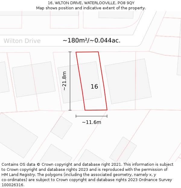 16, WILTON DRIVE, WATERLOOVILLE, PO8 9QY: Plot and title map