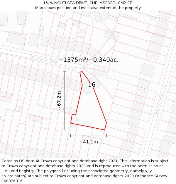 16, WINCHELSEA DRIVE, CHELMSFORD, CM2 9TL: Plot and title map