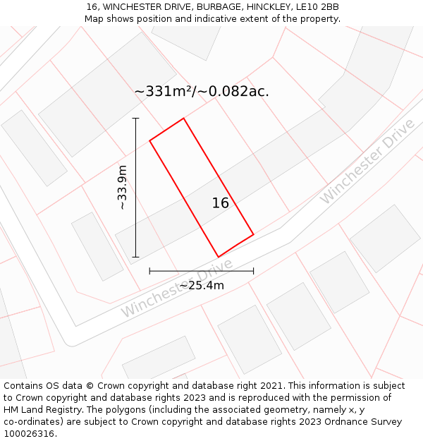 16, WINCHESTER DRIVE, BURBAGE, HINCKLEY, LE10 2BB: Plot and title map