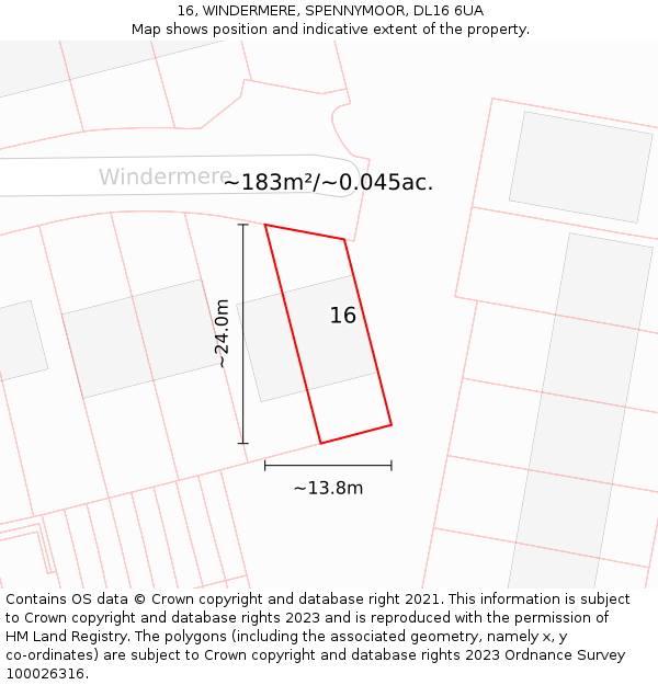 16, WINDERMERE, SPENNYMOOR, DL16 6UA: Plot and title map