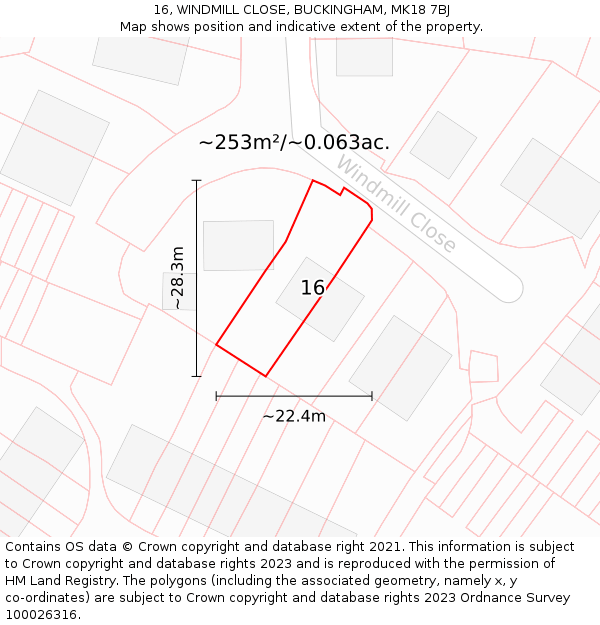 16, WINDMILL CLOSE, BUCKINGHAM, MK18 7BJ: Plot and title map