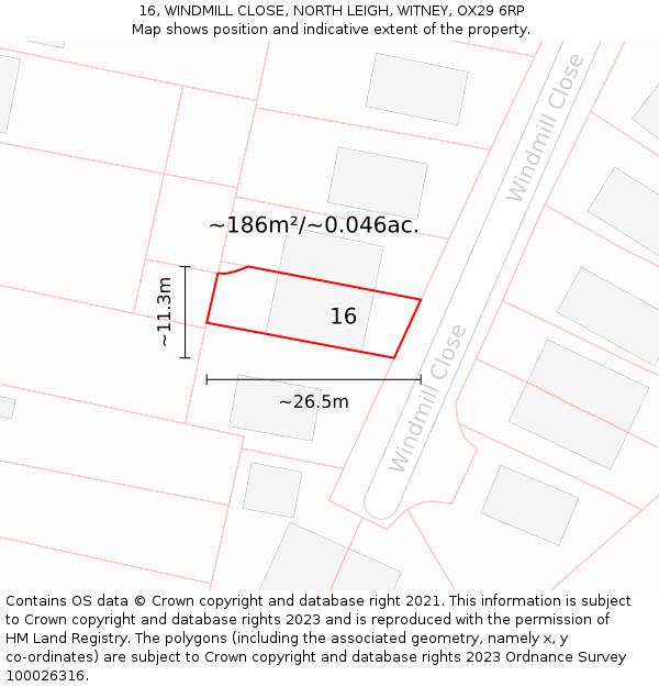 16, WINDMILL CLOSE, NORTH LEIGH, WITNEY, OX29 6RP: Plot and title map