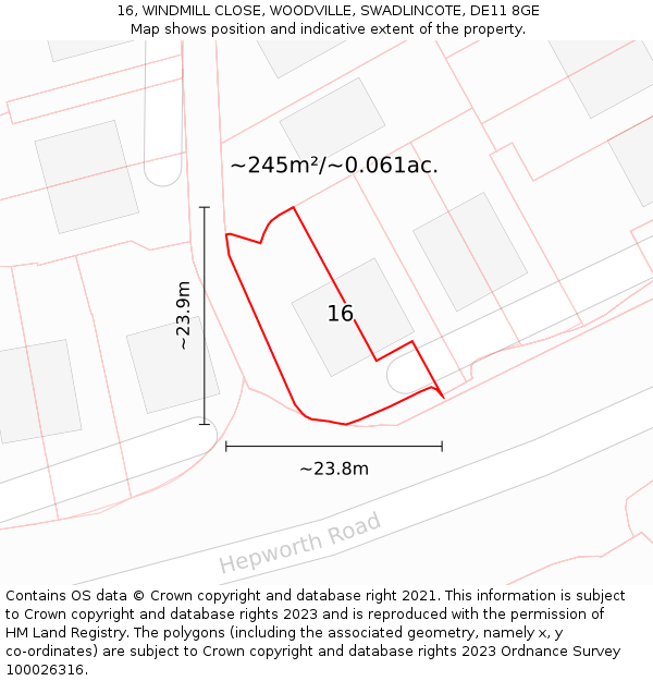 16, WINDMILL CLOSE, WOODVILLE, SWADLINCOTE, DE11 8GE: Plot and title map