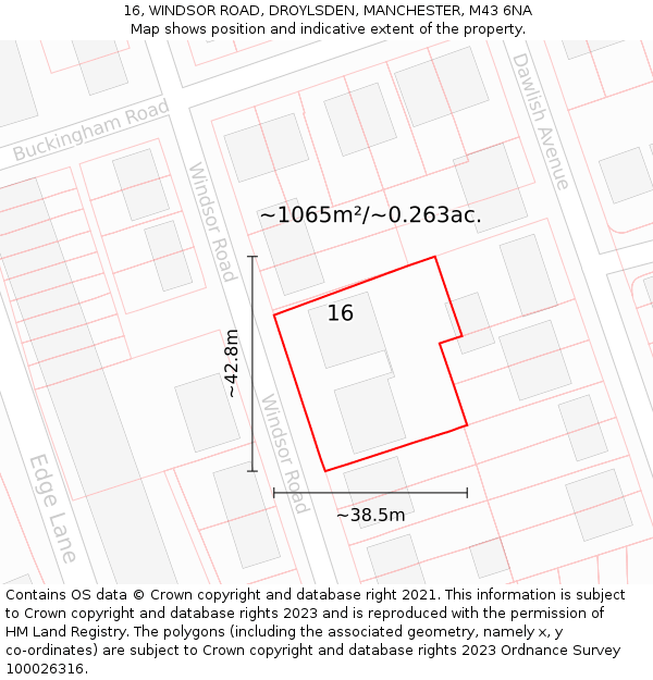 16, WINDSOR ROAD, DROYLSDEN, MANCHESTER, M43 6NA: Plot and title map