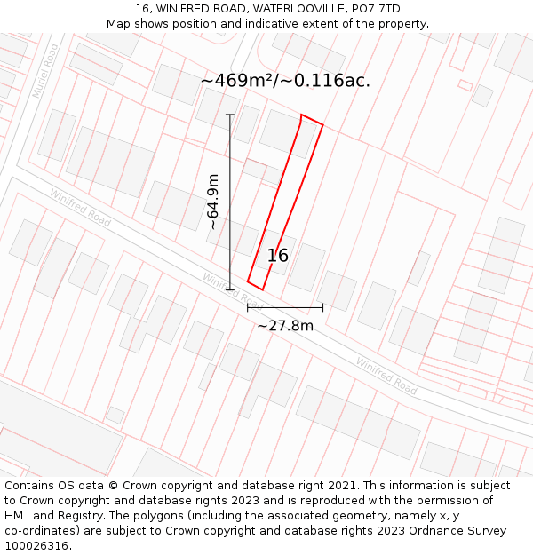 16, WINIFRED ROAD, WATERLOOVILLE, PO7 7TD: Plot and title map