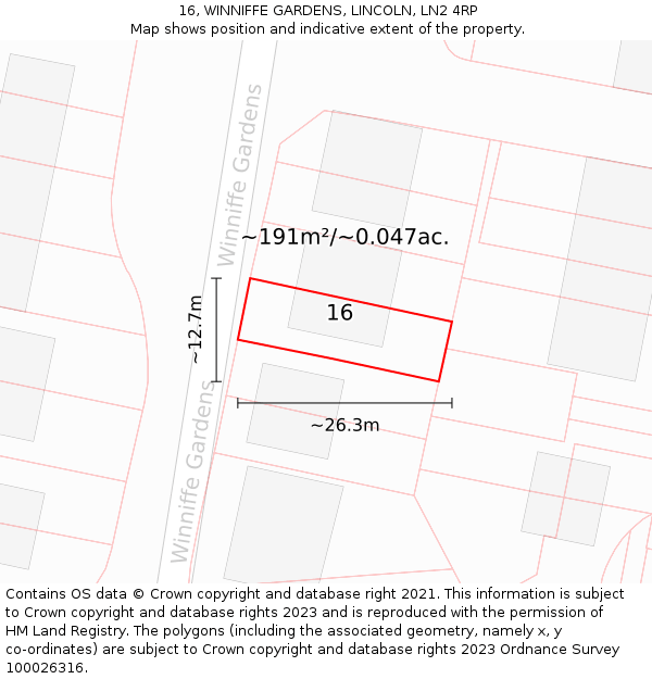 16, WINNIFFE GARDENS, LINCOLN, LN2 4RP: Plot and title map
