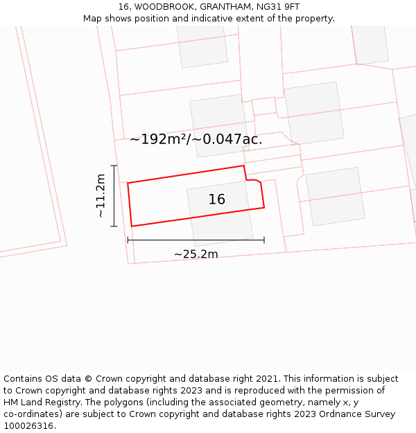 16, WOODBROOK, GRANTHAM, NG31 9FT: Plot and title map