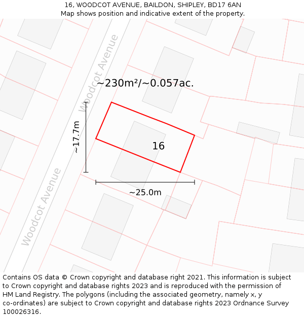 16, WOODCOT AVENUE, BAILDON, SHIPLEY, BD17 6AN: Plot and title map