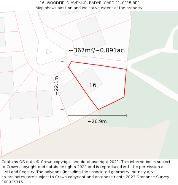 16, WOODFIELD AVENUE, RADYR, CARDIFF, CF15 8EF: Plot and title map