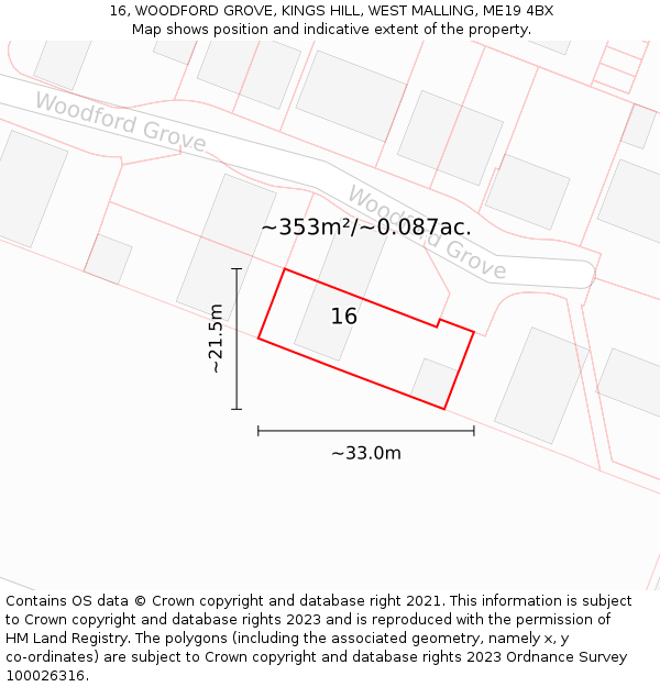 16, WOODFORD GROVE, KINGS HILL, WEST MALLING, ME19 4BX: Plot and title map