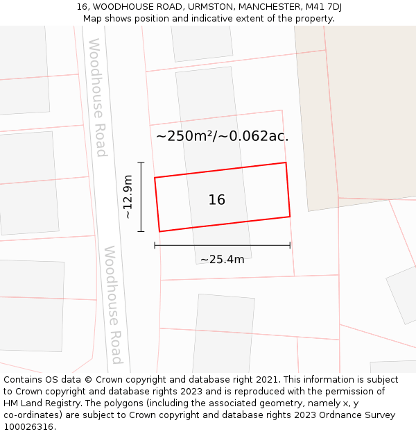 16, WOODHOUSE ROAD, URMSTON, MANCHESTER, M41 7DJ: Plot and title map