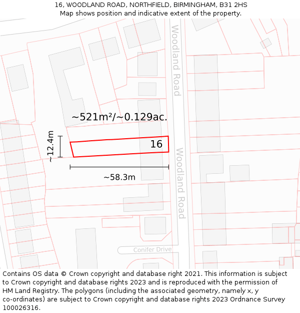 16, WOODLAND ROAD, NORTHFIELD, BIRMINGHAM, B31 2HS: Plot and title map