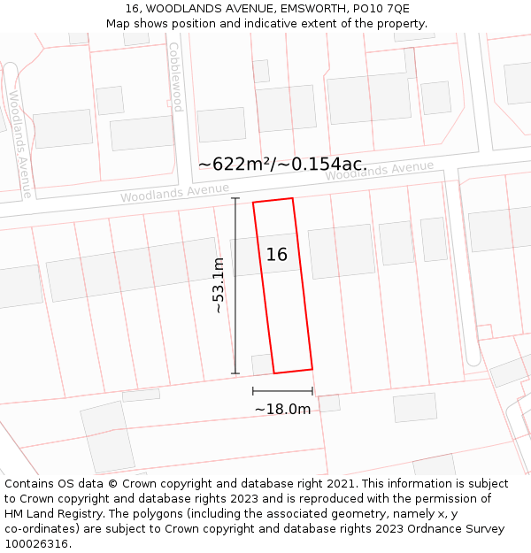 16, WOODLANDS AVENUE, EMSWORTH, PO10 7QE: Plot and title map
