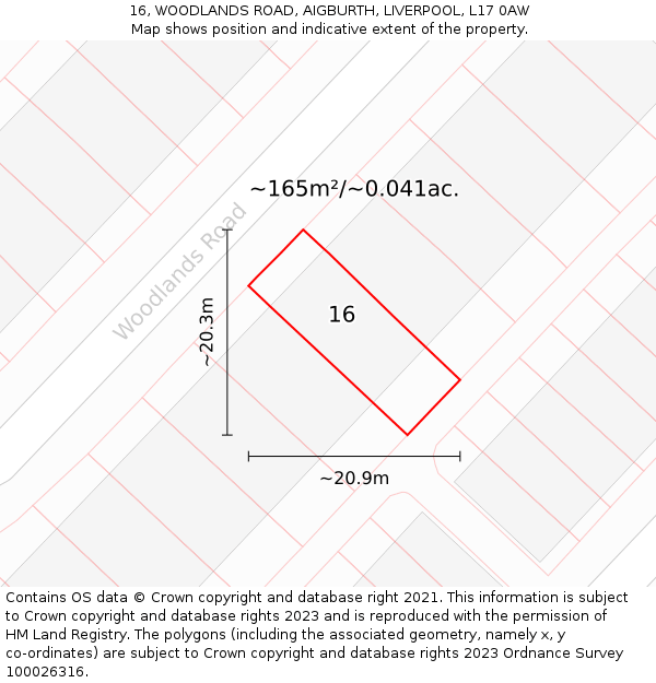 16, WOODLANDS ROAD, AIGBURTH, LIVERPOOL, L17 0AW: Plot and title map