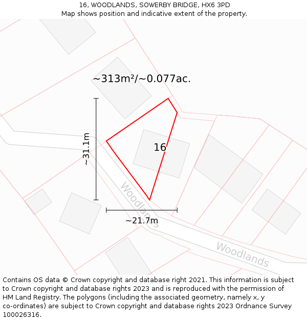 16, WOODLANDS, SOWERBY BRIDGE, HX6 3PD: Plot and title map