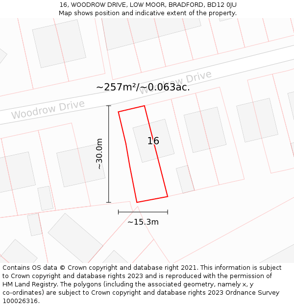 16, WOODROW DRIVE, LOW MOOR, BRADFORD, BD12 0JU: Plot and title map