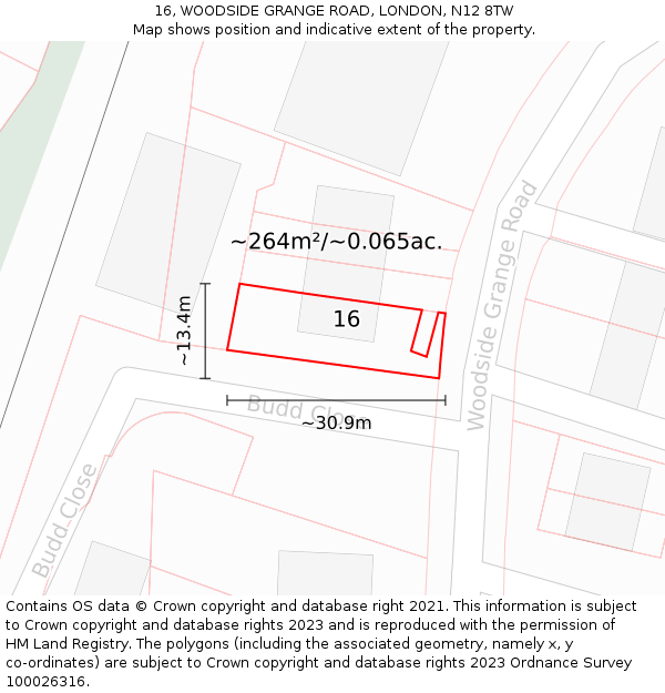 16, WOODSIDE GRANGE ROAD, LONDON, N12 8TW: Plot and title map