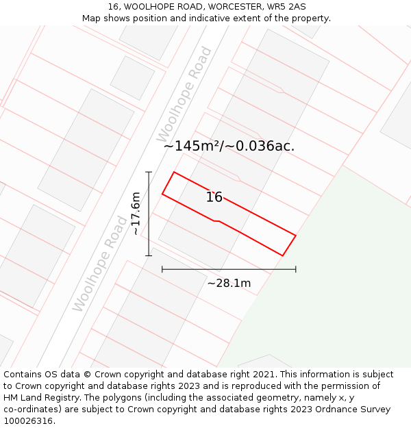 16, WOOLHOPE ROAD, WORCESTER, WR5 2AS: Plot and title map