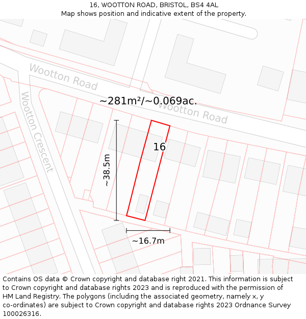 16, WOOTTON ROAD, BRISTOL, BS4 4AL: Plot and title map