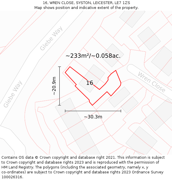 16, WREN CLOSE, SYSTON, LEICESTER, LE7 1ZS: Plot and title map