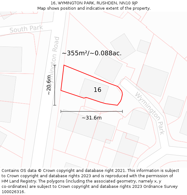 16, WYMINGTON PARK, RUSHDEN, NN10 9JP: Plot and title map