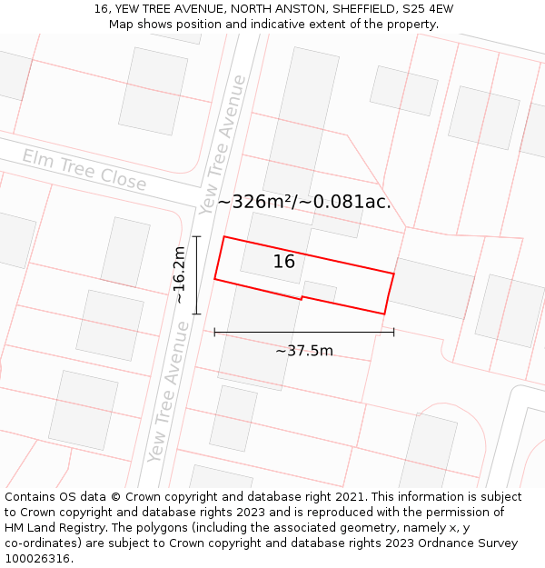 16, YEW TREE AVENUE, NORTH ANSTON, SHEFFIELD, S25 4EW: Plot and title map