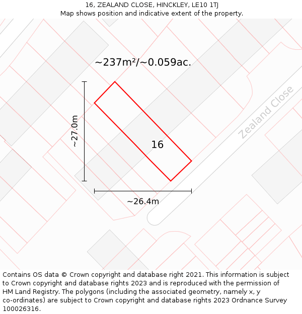 16, ZEALAND CLOSE, HINCKLEY, LE10 1TJ: Plot and title map