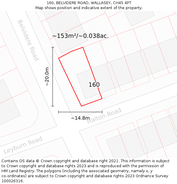 160, BELVIDERE ROAD, WALLASEY, CH45 4PT: Plot and title map