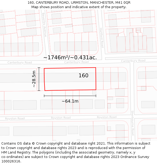 160, CANTERBURY ROAD, URMSTON, MANCHESTER, M41 0QR: Plot and title map