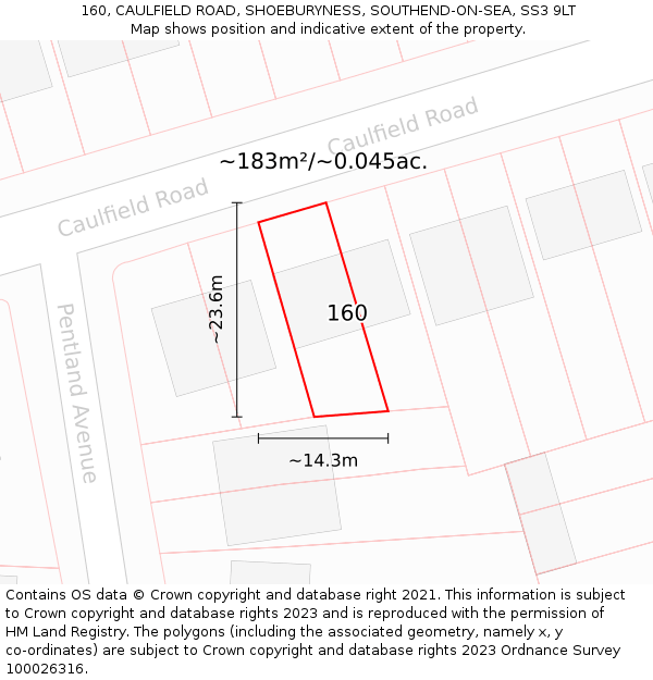 160, CAULFIELD ROAD, SHOEBURYNESS, SOUTHEND-ON-SEA, SS3 9LT: Plot and title map