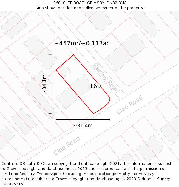 160, CLEE ROAD, GRIMSBY, DN32 8NG: Plot and title map