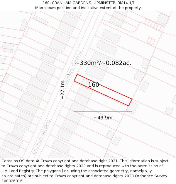 160, CRANHAM GARDENS, UPMINSTER, RM14 1JT: Plot and title map