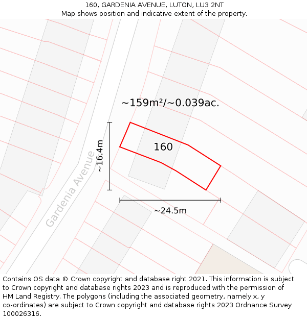 160, GARDENIA AVENUE, LUTON, LU3 2NT: Plot and title map