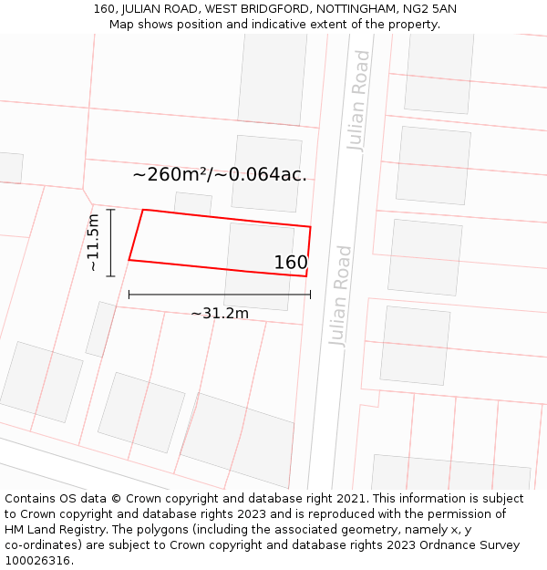 160, JULIAN ROAD, WEST BRIDGFORD, NOTTINGHAM, NG2 5AN: Plot and title map