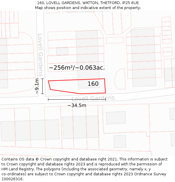 160, LOVELL GARDENS, WATTON, THETFORD, IP25 6UE: Plot and title map